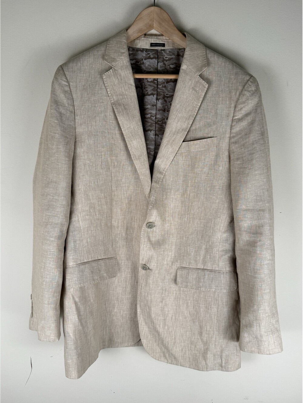 JOE Joseph Abboud 100% Linen Blazer Men's 40 Long  Beige Slim Fit Camo Lining